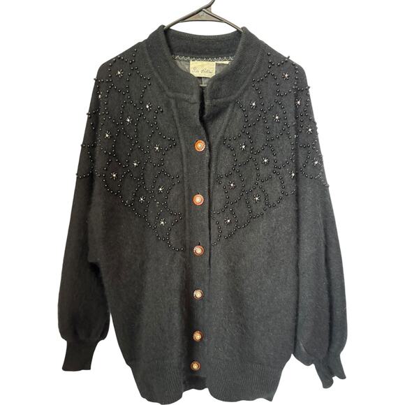 Vtg Sia Bellini black Floral Jeweled Rabbit Hair Wool Blend Cardigan Large - Picture 8 of 16